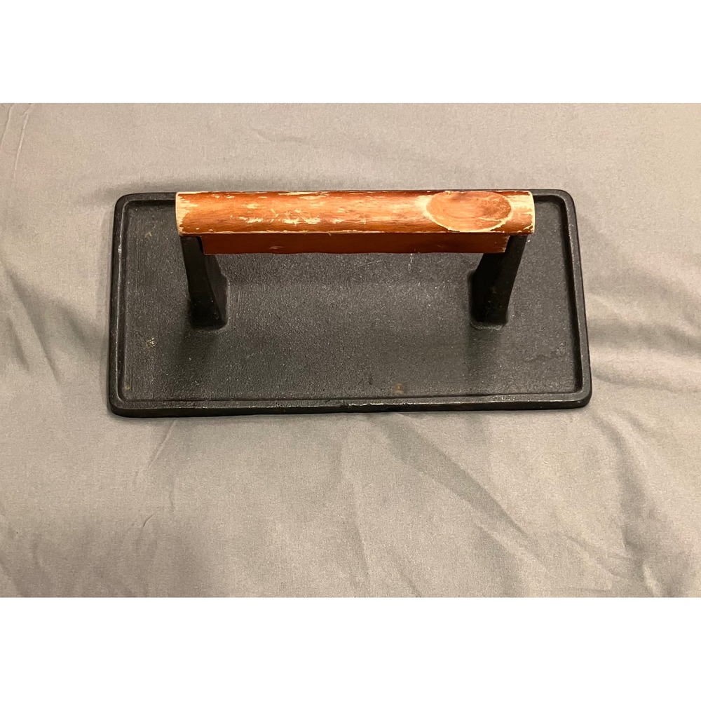 Grill Press OS Black Cast Iron Wood Handle Rectangular Vintage